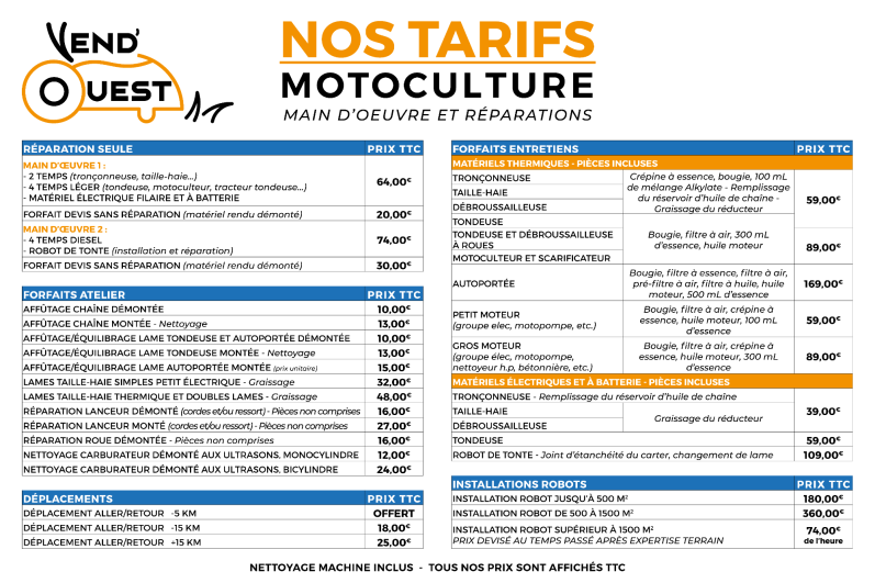 Tarifs en vigueur des réparations et entretien du matériel de motoculture à Landevieille en Vendée