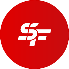 Logo de la société de transport en commun avec un fond rouge et un symbole stylisé.