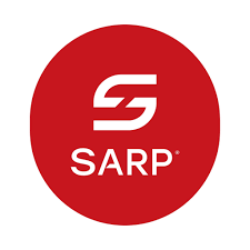 Logo de SARP sur fond rouge, avec un symbole stylisé en blanc.